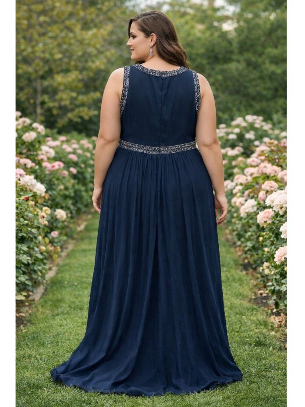 Halter Bead Bodice Chiffon Gown - Picture 2 of 6